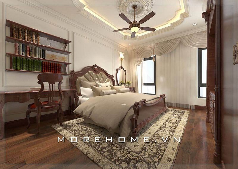 Thiết kế phòng ngủ biệt thự cao cấp phong cách tân cổ điển, toàn bộ nội thất được lựa chọn với chất liệu gỗ tự nhiên mang lại cảm giác chắc chắn và thoải mái trong quá trình sử dụng