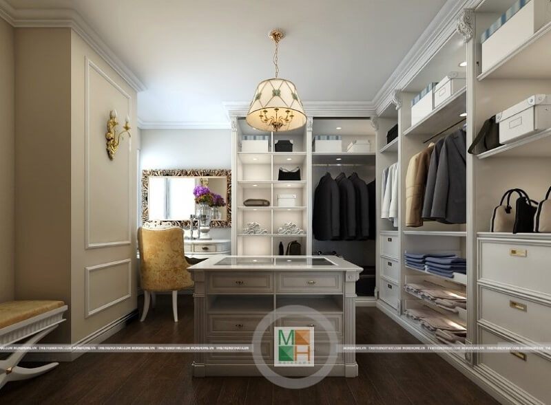 Mẫu tủ quần áo đẹp màu trắng chạy dài hết mảng tường mang đến vẻ đẹp sang trọng và đẳng cấp cho căn phòng