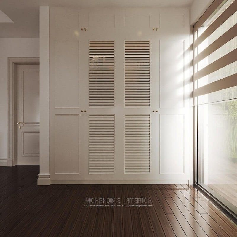 Tủ quần áo gỗ tự nhiên màu trắng được thiết kế theo phong cách âm tường, phù hợp với nhiều không gian như phòng ngủ chung cư, biệt thự...